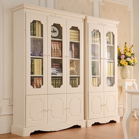 优恋家欧式组合象牙白书柜，精美雕花储物收纳三门两门书架，货号YS05