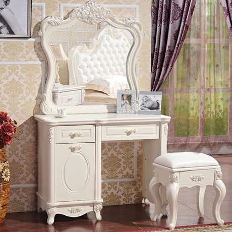 法利亚欧式象牙白梳妆台，描银雕花梳妆台，储物化妆台，型号: F-03