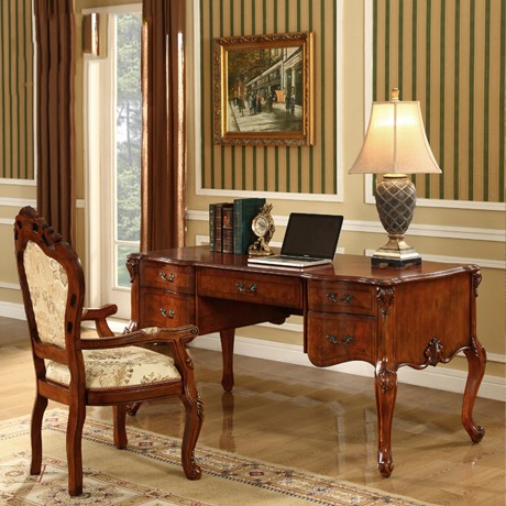 广兰桦木美式乡村台式电脑桌，雕花工艺奢华书房188金宝搏备用网址搭配书桌，货号GY0850