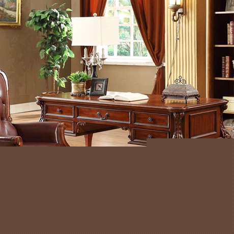 美式乡村实木书桌，雅居格纯手工雕花电脑桌，环保橡胶木写字台PF401