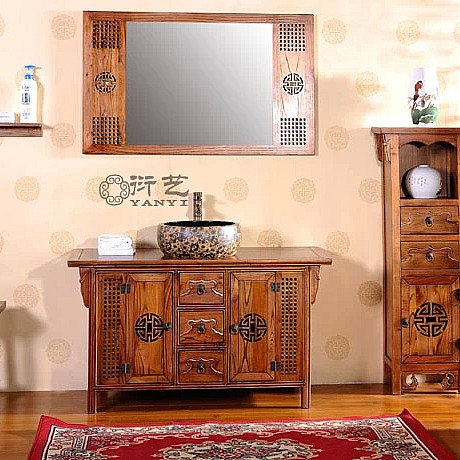 中式仿古浴室柜，中式实木香椿木台盆，衍艺高端落地组合浴室柜YS-003A