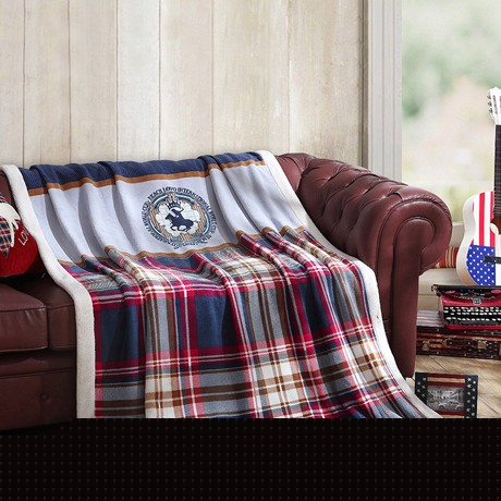 罗莱家纺蓝红学院风毛毯，拉舍尔亲肤透气毯子，双层工艺保暖复合毯