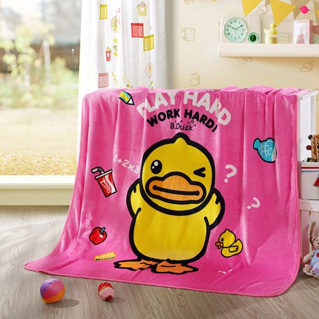 平网印染小黄鸭毛毯，罗莱家纺透气法兰绒毯子，包边工艺卡通毛毯