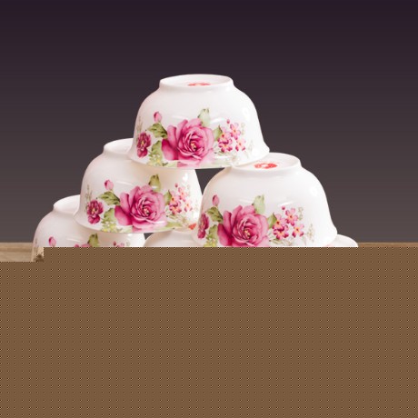 中式米饭碗套装HMD0645JZW，红牡丹健康骨瓷饭碗，高脚防烫金钟碗