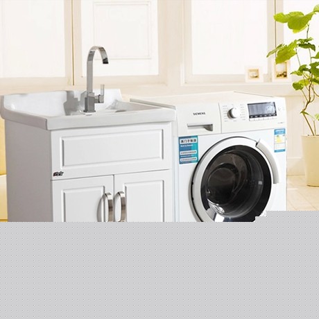 现代简约9082型号实木陶瓷洗衣柜，舒克落地式一体白色洗衣池