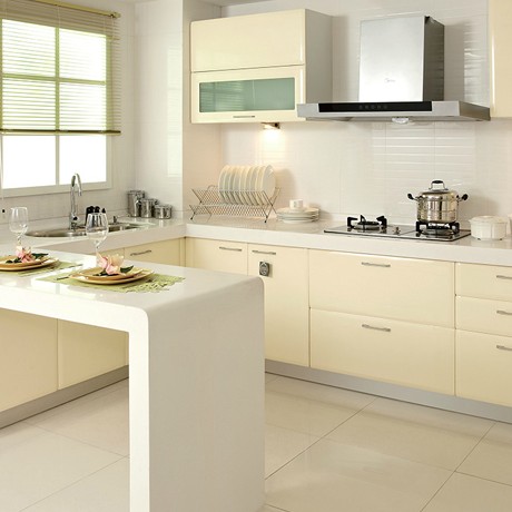 L型都市时尚风情整体橱柜，纯色环保多功能整体厨柜，型号： F10000