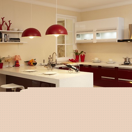 佰丽爱家红色L型橱柜，石英石抗污环保分区整体橱柜，型号: 双饰面1