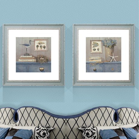 完美时刻双联客厅装饰画，地中海带框壁画喷绘工艺，海星贝壳静物挂画