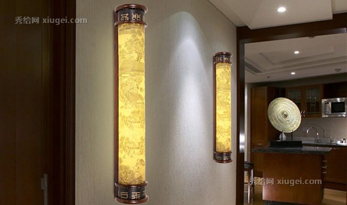 木府实木框架浴室灯，古典风格咖啡色壁灯，清明上河图案清雅迷人
