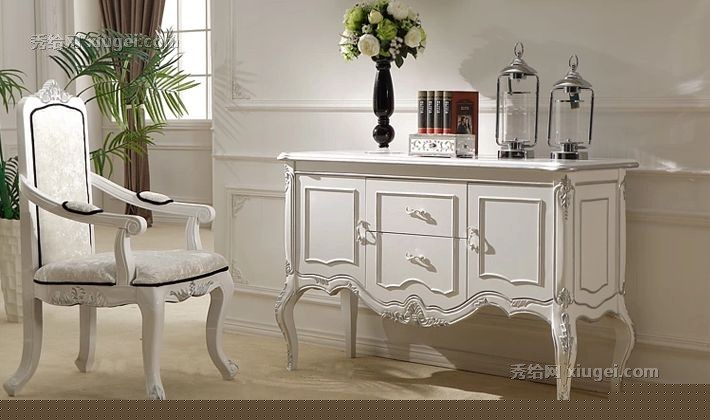 白色描银雕刻整装实木柜，风飞扬欧式高脚橡木餐边柜，型号: CBG-01