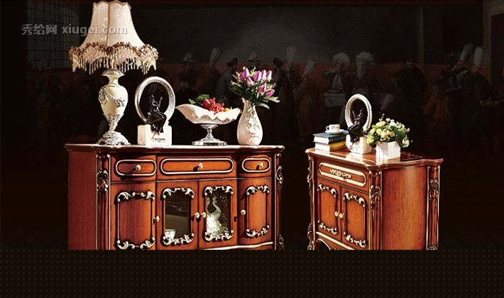 风华芝佳纯橡木美式乡村餐边柜,精美雕花艺术风情餐厅多功能储物柜