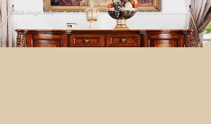 欧意居实木色长方形餐边柜，橡胶木仿古雕花四门碗柜，型号：88-23B
