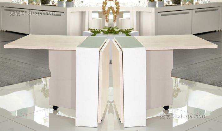现代简约曲美折叠餐桌，环保储物组装餐台，带滑轮板式2005DT6餐桌