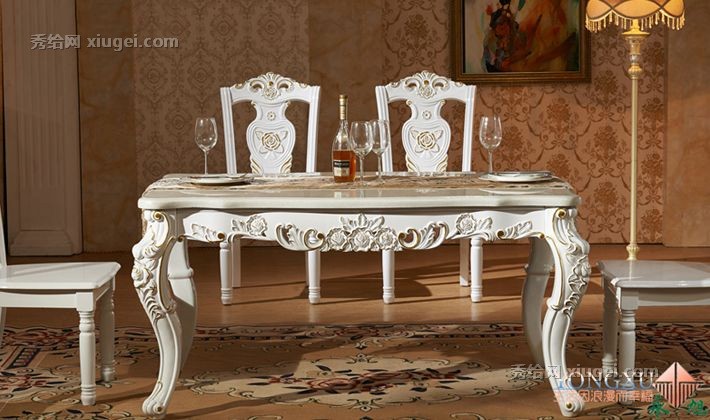 永旭长方形米黄玉餐桌，大理石橡木桌，描金雕花实木餐桌型号: 798