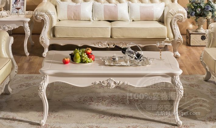 和购欧洲法式组装实木茶几，浪漫象牙白橡木雕花长几，型号: 636