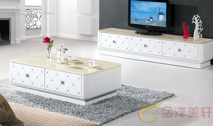 金洋美轩韩式大理石饰面材质客厅茶几，806象牙白时尚大气茶几组合