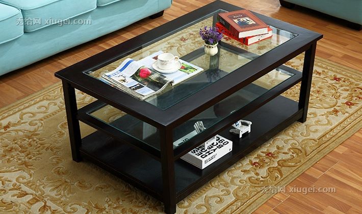 索曼光滑饰面防水钢化玻璃茶几，美式三层实木几脚黑胡桃茶桌，型号CJ-913