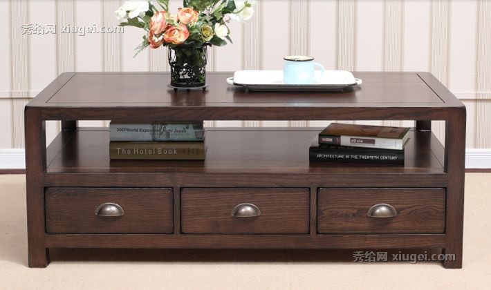 水曲柳全实木美式客厅茶几，源氏木语带抽屉大容量茶几，货号A8141B