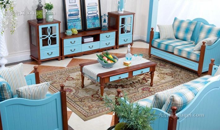 时代木匠地中海复古拉手茶几，小户型板式海天蓝茶几，型号JM601B