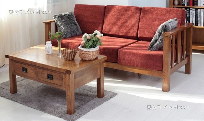 源氏Y0141天然橡木抽屉式茶几，美式仿古色茶台，清新实用小方桌