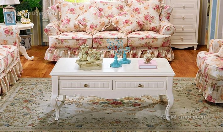 优家优乐艺术弧形造型茶几，奶白色静音双抽屉角几，环保烤漆型号902