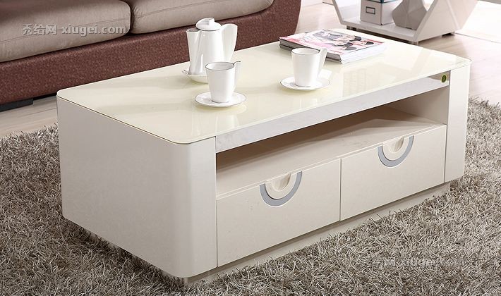 全友家居简约茶几，钢化玻璃台面带抽屉设计，客厅方型圆角小茶桌