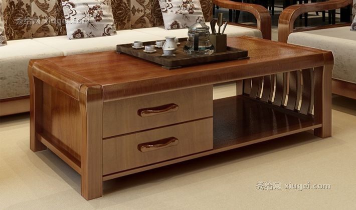 现代中式安惠泡茶桌，实木双抽屉客厅茶几，厚实顺滑实用茶几M7201