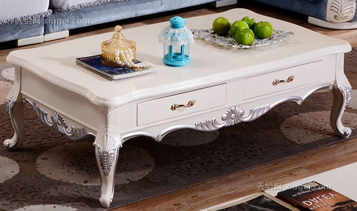 欧阳慕容仿古白烤漆茶几，长方形储物茶桌，雕花茶几型号: CJ-809