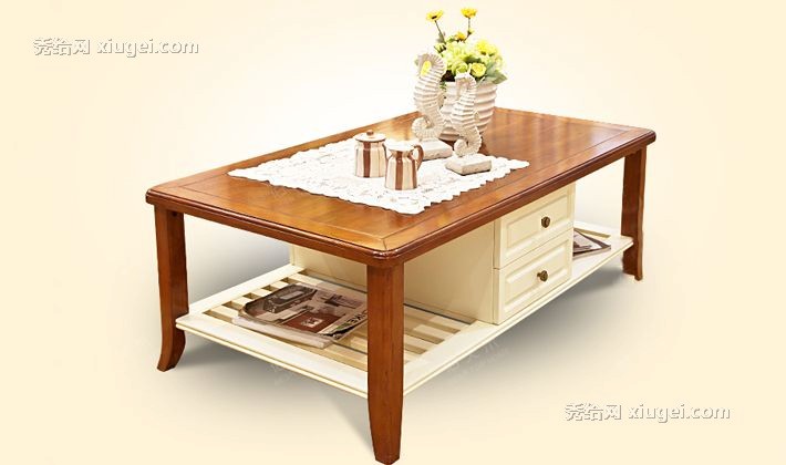 地中海伯天禾实木茶几，小户型创意双色茶几，B-CJ103双面抽屉茶桌