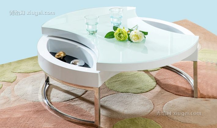 索曼圆形创意弧形茶几，SMCJ-906不锈钢烤漆小圆桌，组装黑白茶几