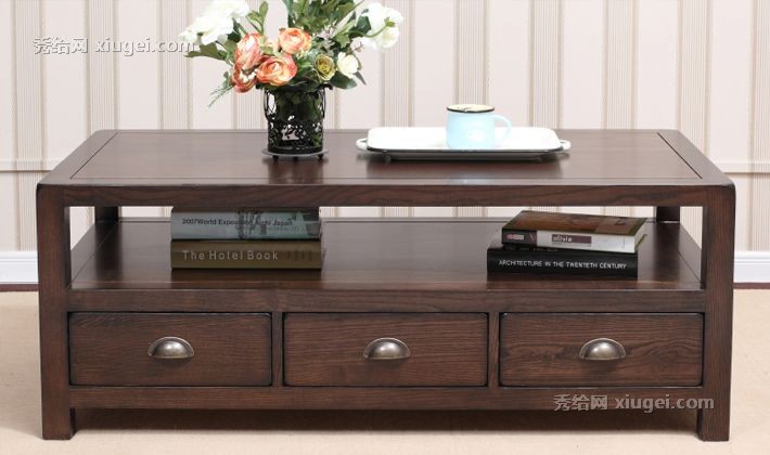 阿纳尼美式乡村实木茶几，曲柳木大空间储物茶桌，型号: A8141B