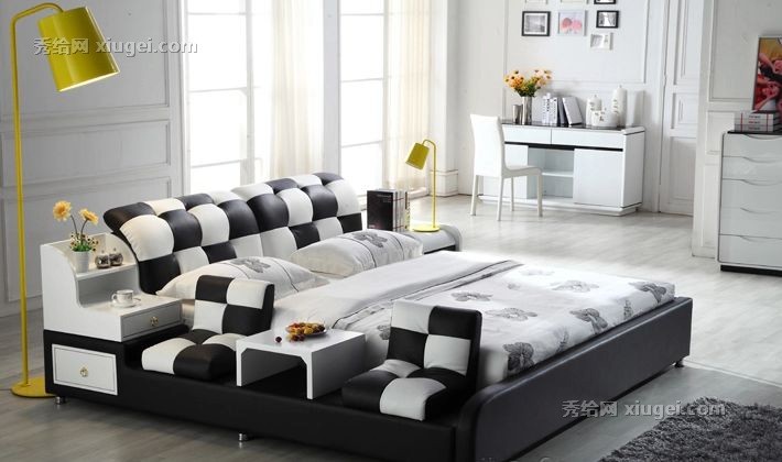 储物式皮床，宜家风格榻榻米床，头层真皮双人1.8米床，露维斯特现代宜家风格一米八床688#