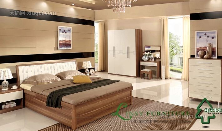 中式板式储物床，1.8米板式床，双人中式高箱储物床，林氏木业床QA02