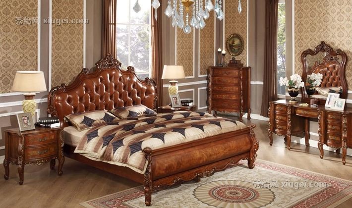 美式皮床，美式实木真皮床，1.8米真皮双人床，尚轩世家头层黄牛皮床29-61