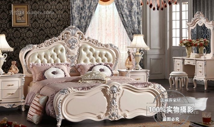 法丽莎A829系列实木雕花描银公主床，真皮环保双人床法式风情