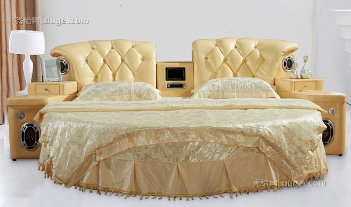 欧尔卡斯圆形双人皮艺床，欧式影音床多功能音响设计，型号: O5901