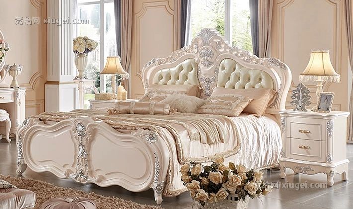 巢木欧式公主1.8米双人床，型号A829，白色松木实木对称手工雕花床