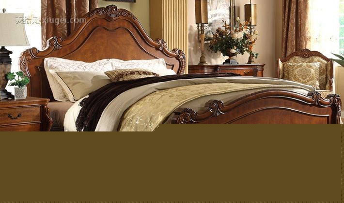 尚轩世家实木雕花床，美式乡村风格家具，1.8*2.0米双人床型号: A601-1
