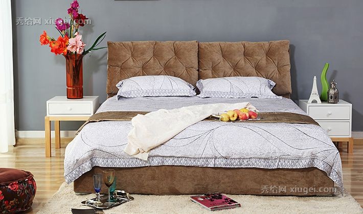 马氏皇庭布艺褶皱双人床，巧克力色榉木床，1.8*2.0米实木双人床