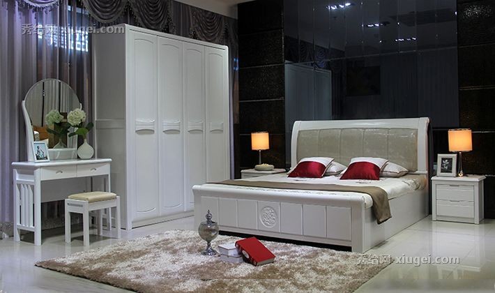 文华家瑞纯白色实木床，皮质床屏卧房高箱储物双人床，型号: 6913