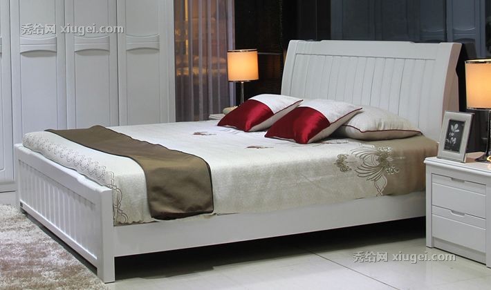 文华家瑞纯白色橡木材质床具，雕刻工艺实木双人床，型号: hsmc6496