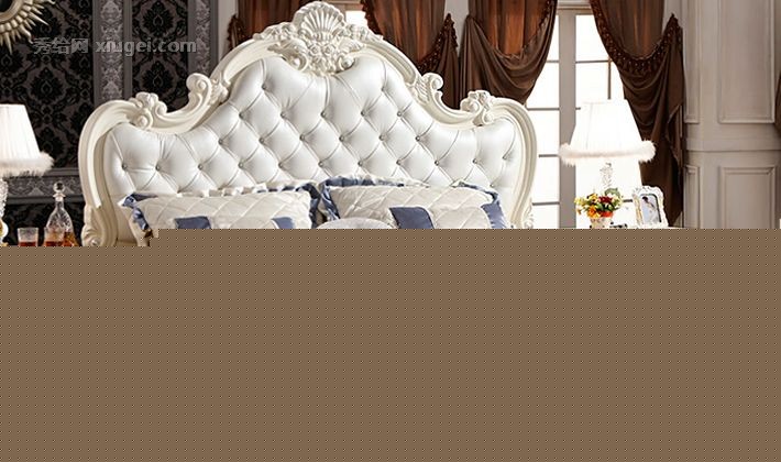 法利亚白色真皮双人床，描银雕花实木床，1.8*2.0米皮艺双人床