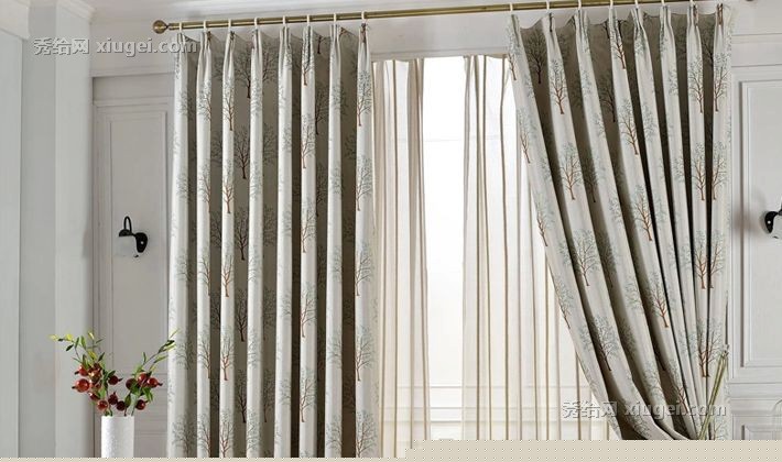 伊佳仁YJ534棉麻穿杆式窗帘，仿旧提花布艺窗帘，绿色树形图案窗帘