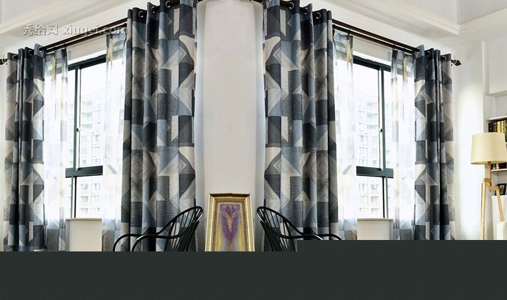 金蝉现代几何格纹窗帘，仿麻穿杆式窗帘，半遮光落地窗窗帘