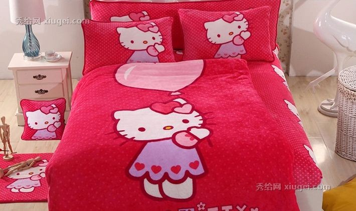 美芙尔helloKitty卡通三件套，1.2米珊瑚绒床上套件，纯天然活性印染色彩鲜艳
