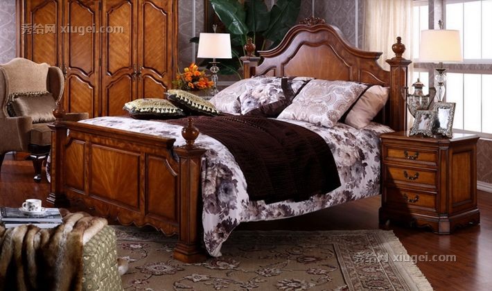 广兰美式实木床头柜， WMO08227-5新潮古典桦木卧房装饰储物柜