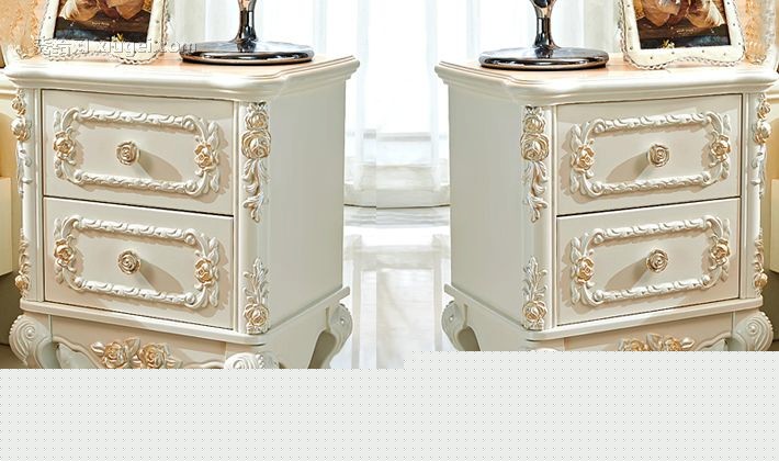 丁满堂白色雕花床边柜，双层抽屉板式卧室储物床头柜，型号：2153