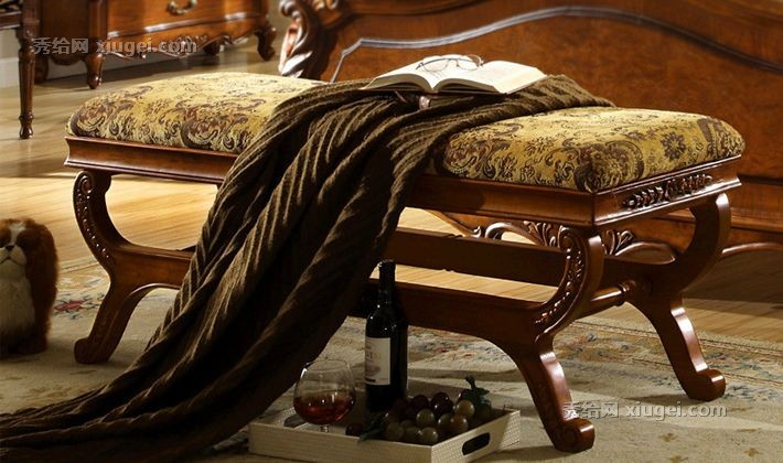 雅居格美式乡村布艺床尾凳，F9324实木纯手工雕花技术，高密度舒适海绵坐垫