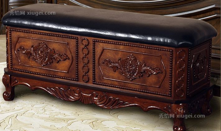 思图加特美式乡村床尾凳，纯手工雕刻皮革制作工艺，型号: STJT0350，橡胶实木收纳凳