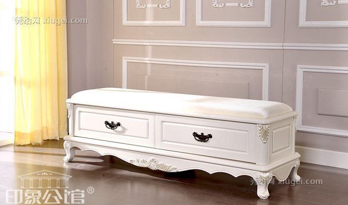 纯实木雕花床榻，印象公馆欧式床尾凳，哑光描银床尾几，型号: 3000床尾榻